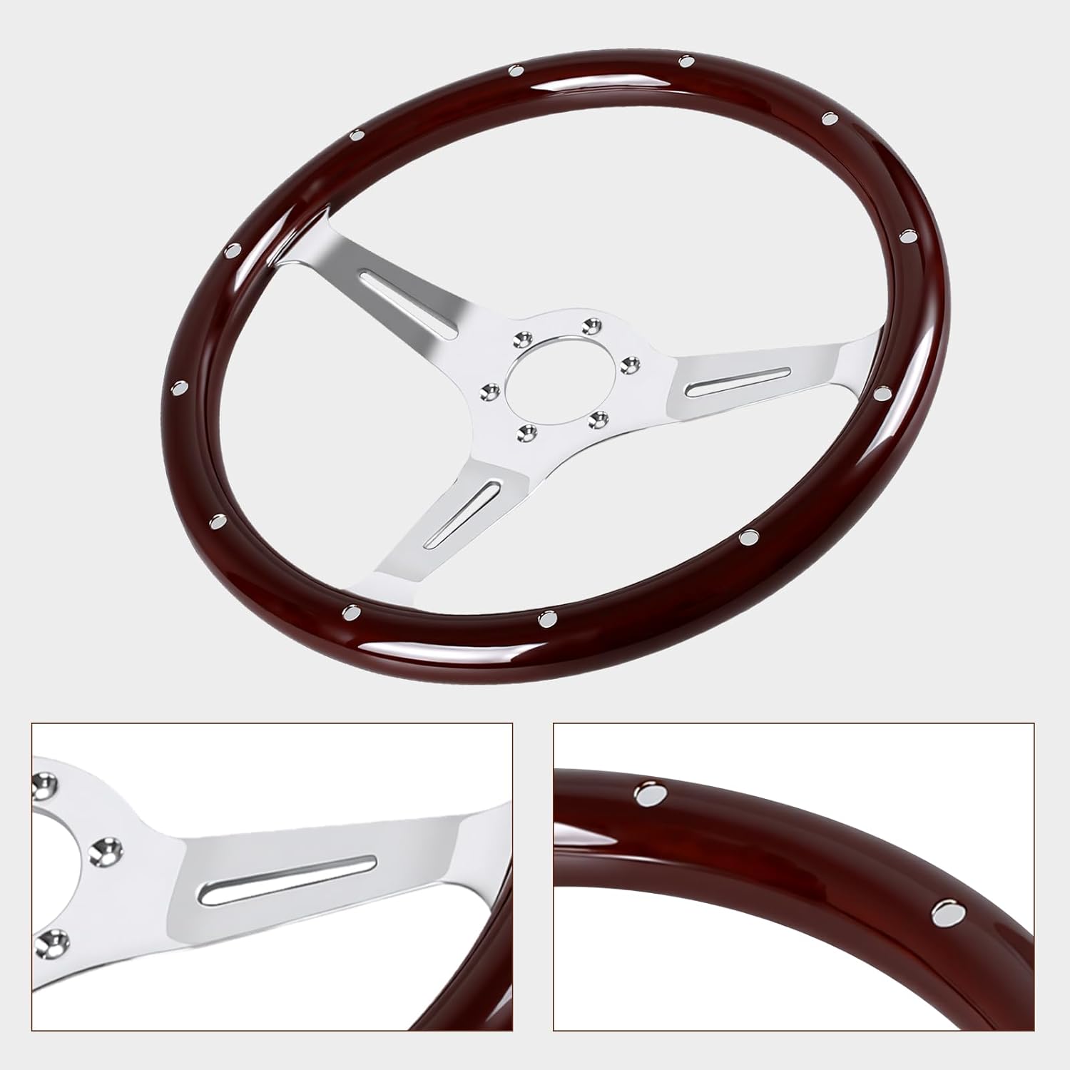 380MM 15" Wooden Steering Wheel with Horn Button Kit - Classic Wood Grain Steering Wheel - Nostalgia Hollow-Carved Riveted Style
