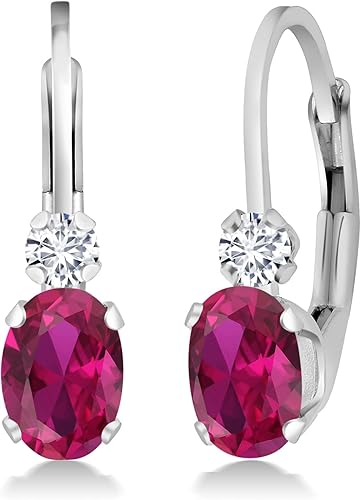 Gem Stone King 925 Sterling Silver Gemstone Birthstone and White Diamond Drop Leverback Earrings for Women Oval 6X4MM and Round 2MM 34 Inch