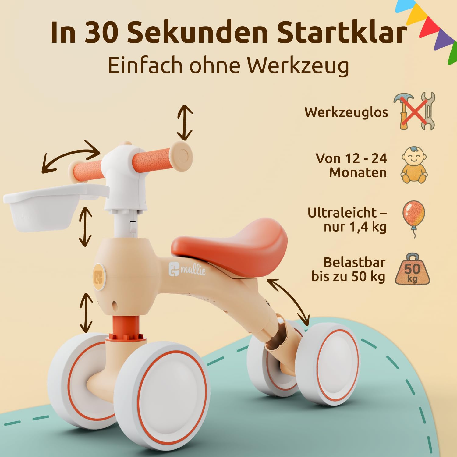 Mallie® Laufrad ab 1 Jahr I Ab 12 bis 24 Monate inkl. Gratis Korb als Laufräder, Rutschauto, Schaukelpferd oder Dreirad ab 1 Jahr Ersatz I Balance Bike Kinderspielzeug als Geschenk 1 Jahr