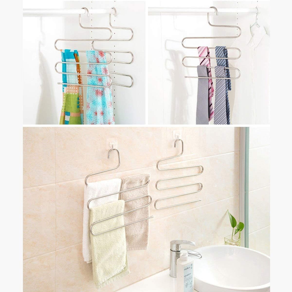 6 Pack Pants Hangers Rack for Closet Organization Stainless Steel Non-Slip S-Shape 5 Layer Clothes Hangers for Space Saving Storage