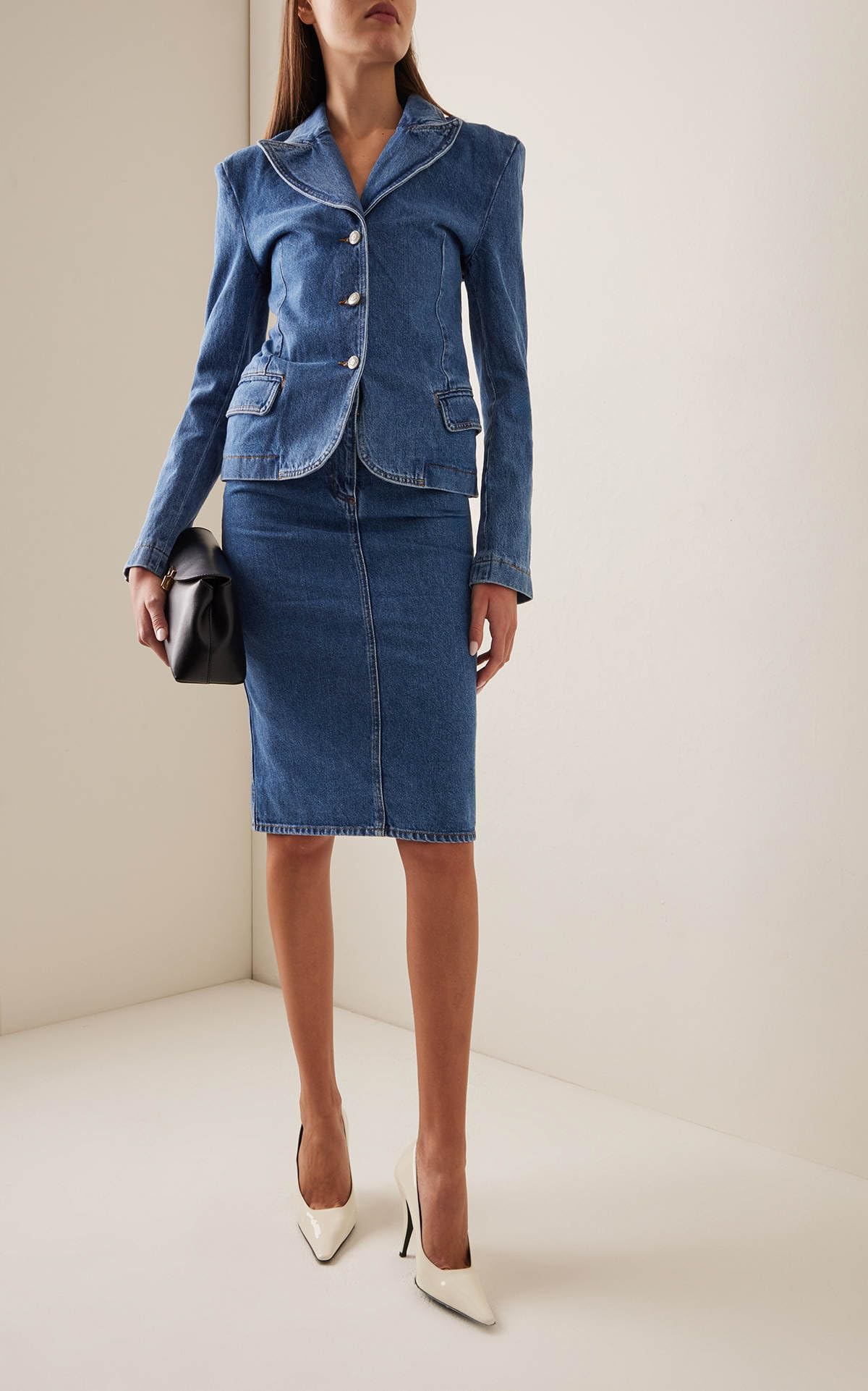 Donna Tuta in Denim con Giacca e Gonna Monopetto per riunioni e Ufficio di Natale