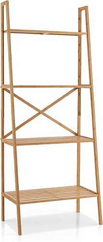 Miniatura 9 de Giantex Estantería de bambú de 4 niveles, estantes de almacenamiento multifuncionales con dispositivo antivuelco, estante de escalera de bambú