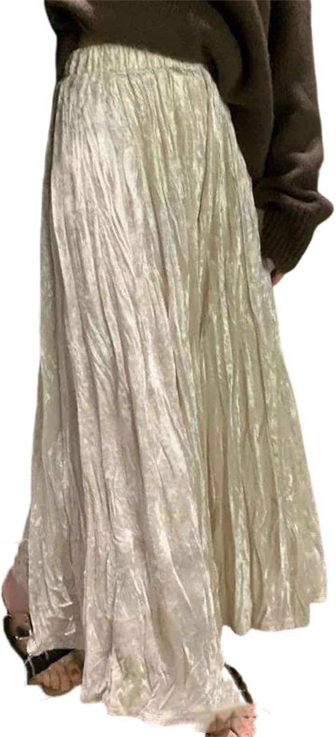 Women's Pleated Flared Midi Skirt Knit Cotton Fabric for Casual Everyday Wear