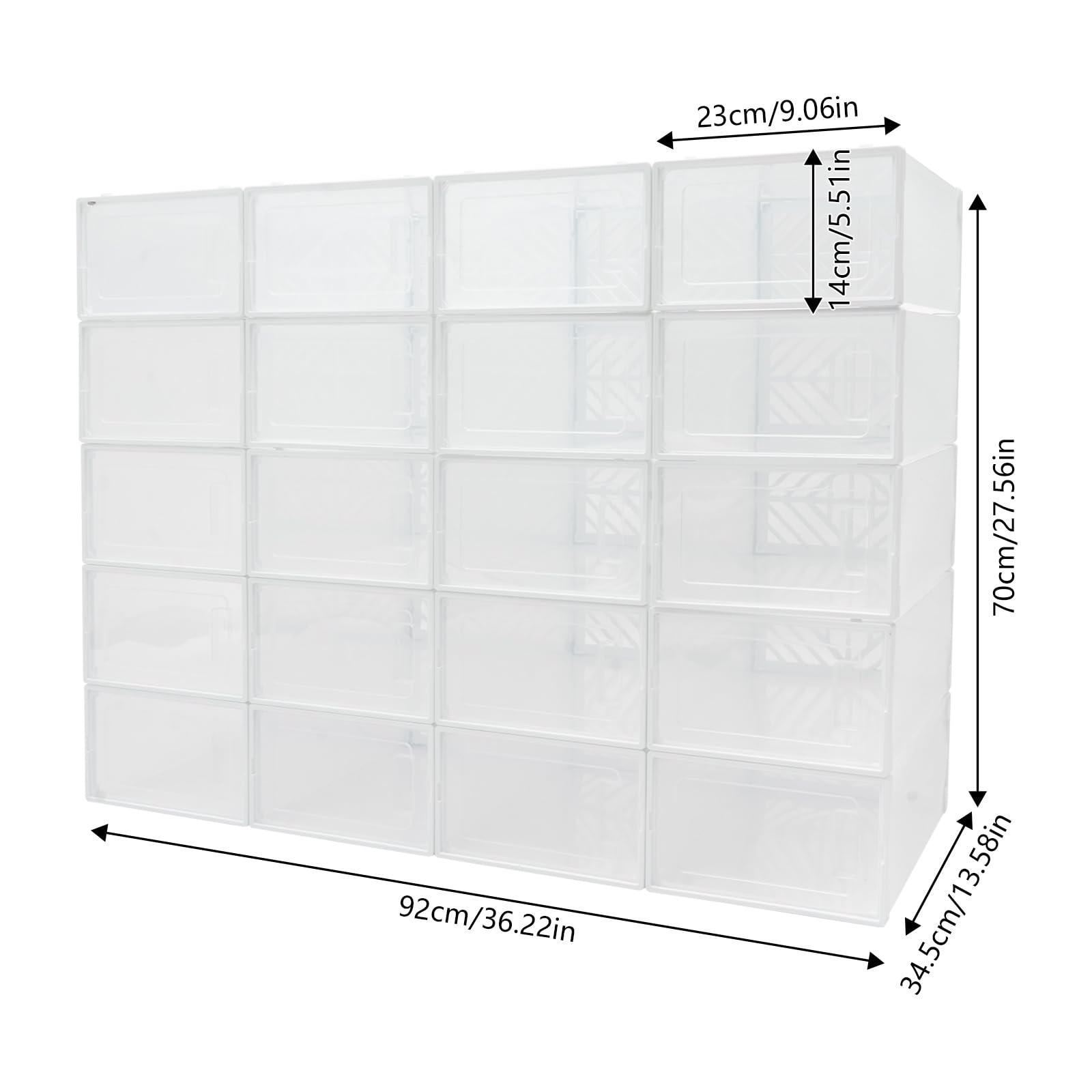 Scatole per scarpe impilabili, trasparenti, 20 pezzi, con coperchio, per soggiorno, camera da letto, vestiti, libri, CD, cinture, 92 x 70 x 34,5 cm