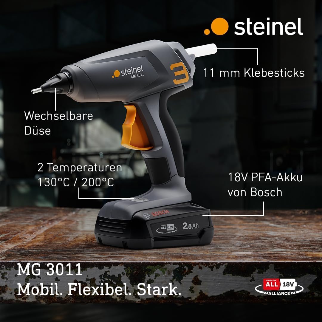 Steinel Pistolet à colle sans fil MobileGlue 3011, pistolet à colle sans fil 11mm, 2 niveaux de température, compatible avec la batterie PFA Bosch