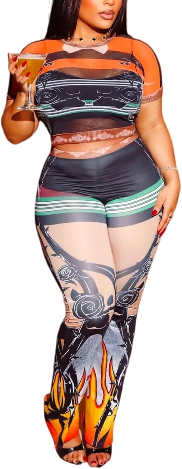 Two Piece Sets for Women See Through Print Mesh Short Sleeve Crop Top High Waisted Flare Pants Set Going Out Outfits