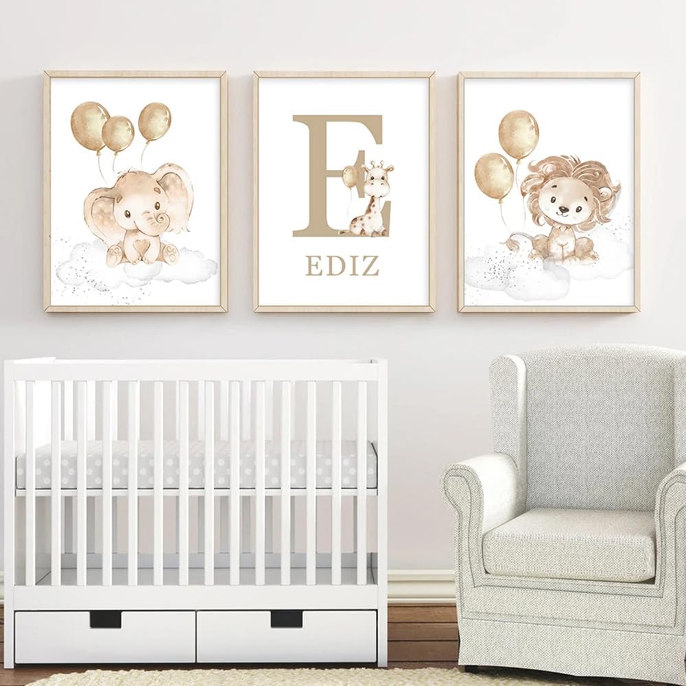 3 Poster Personalizzati Nomi Bambino - Tela 30x40cm, Design Orso Nuvola Stelle, Per Cameretta