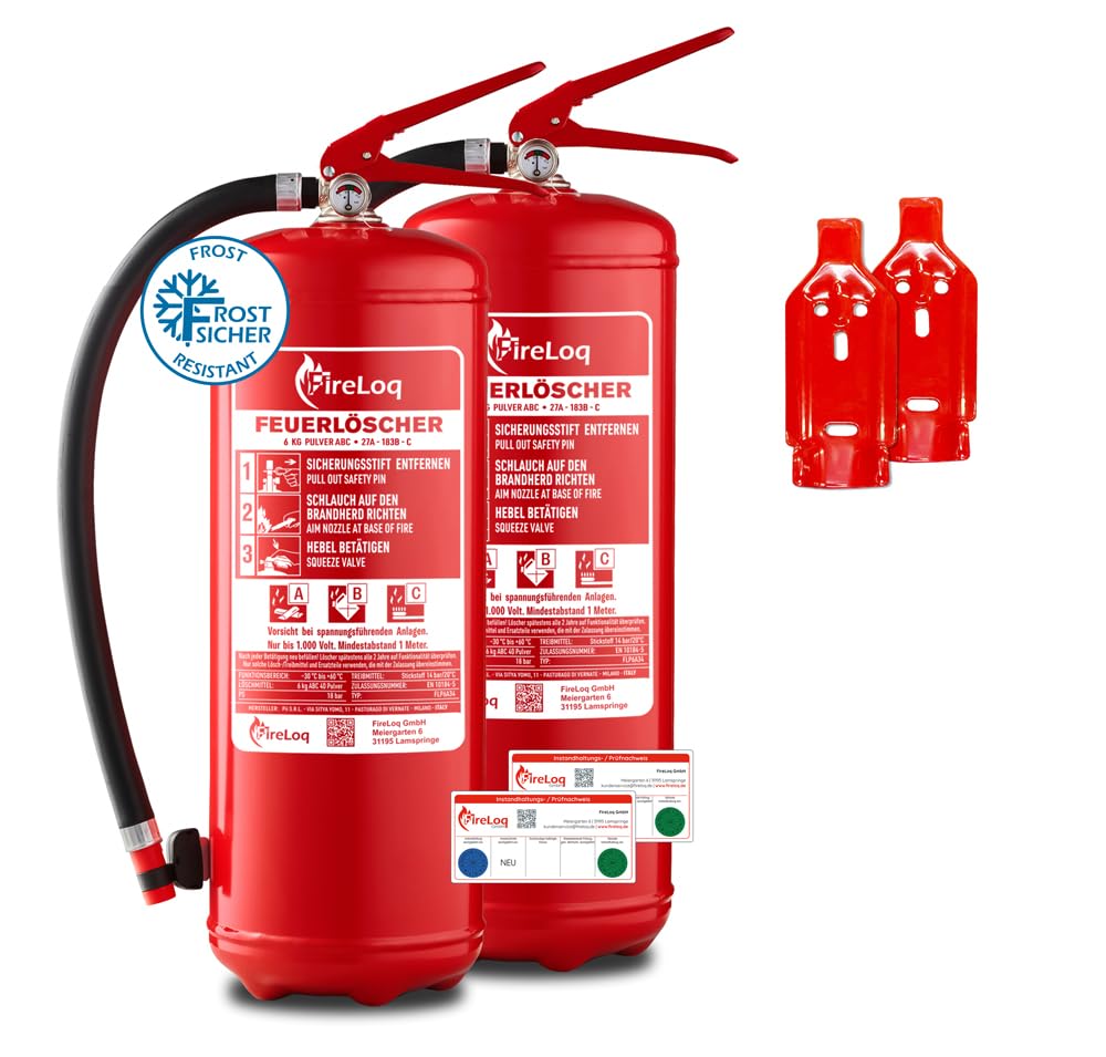 2X 6kg Pulver Löscher 27A | 233B | C Prüfnachweis, Wandhalter und Manometer