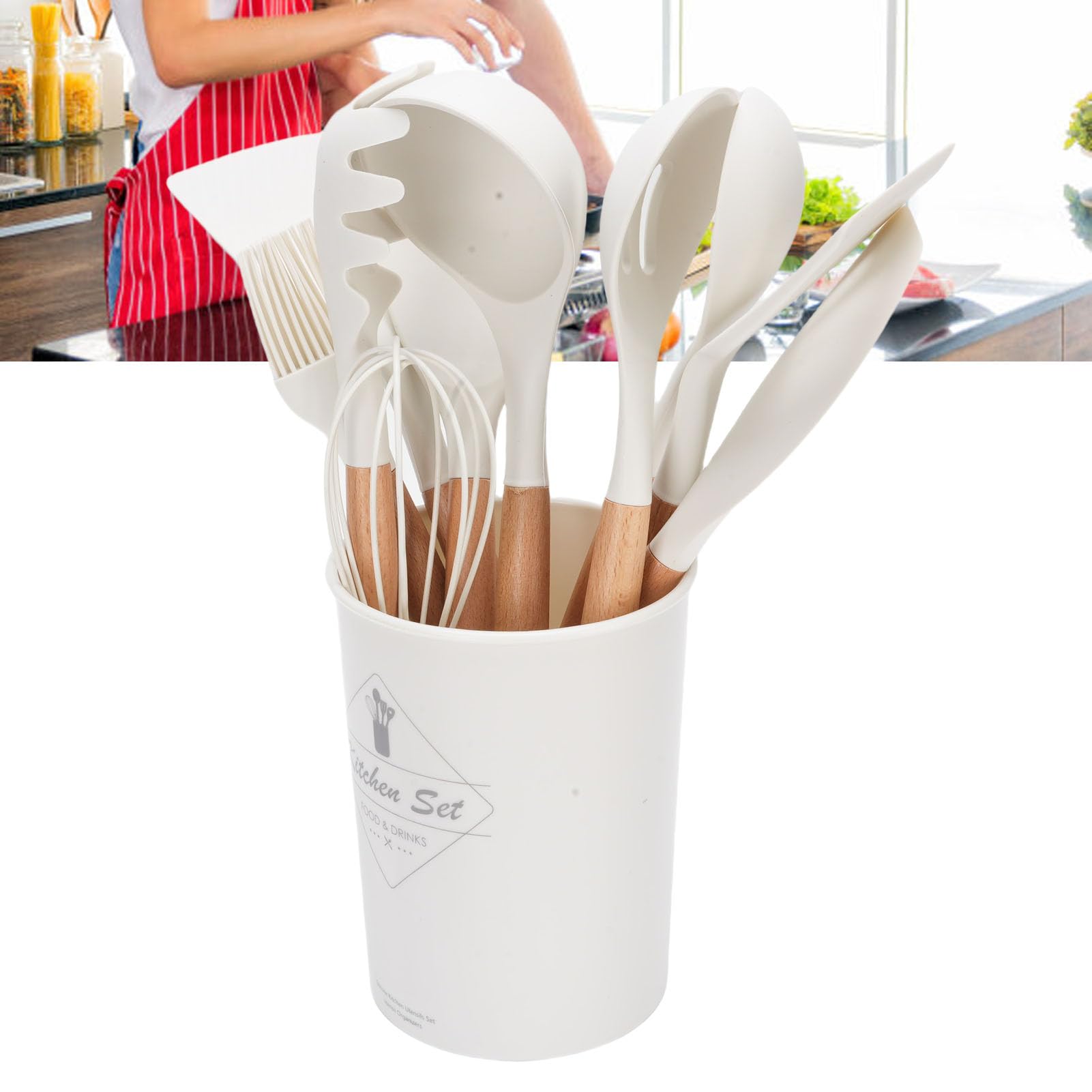 Ensemble d'Ustensiles de Cuisine en Silicone, 12 Pièces, Ustensiles de Cuisine Antiadhésifs Résistants à la Chaleur avec Manche en Bois, Ensemble de Spatules en Silicone Souple pour