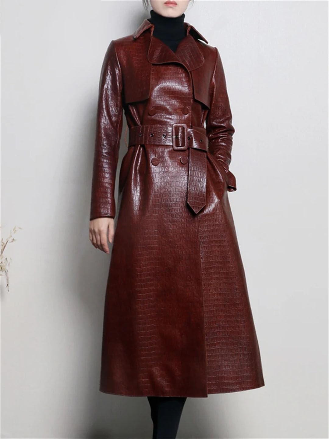 Women's Long Reflective Patent Faux Leather Trench Coat For Women Belt Double Breasted
