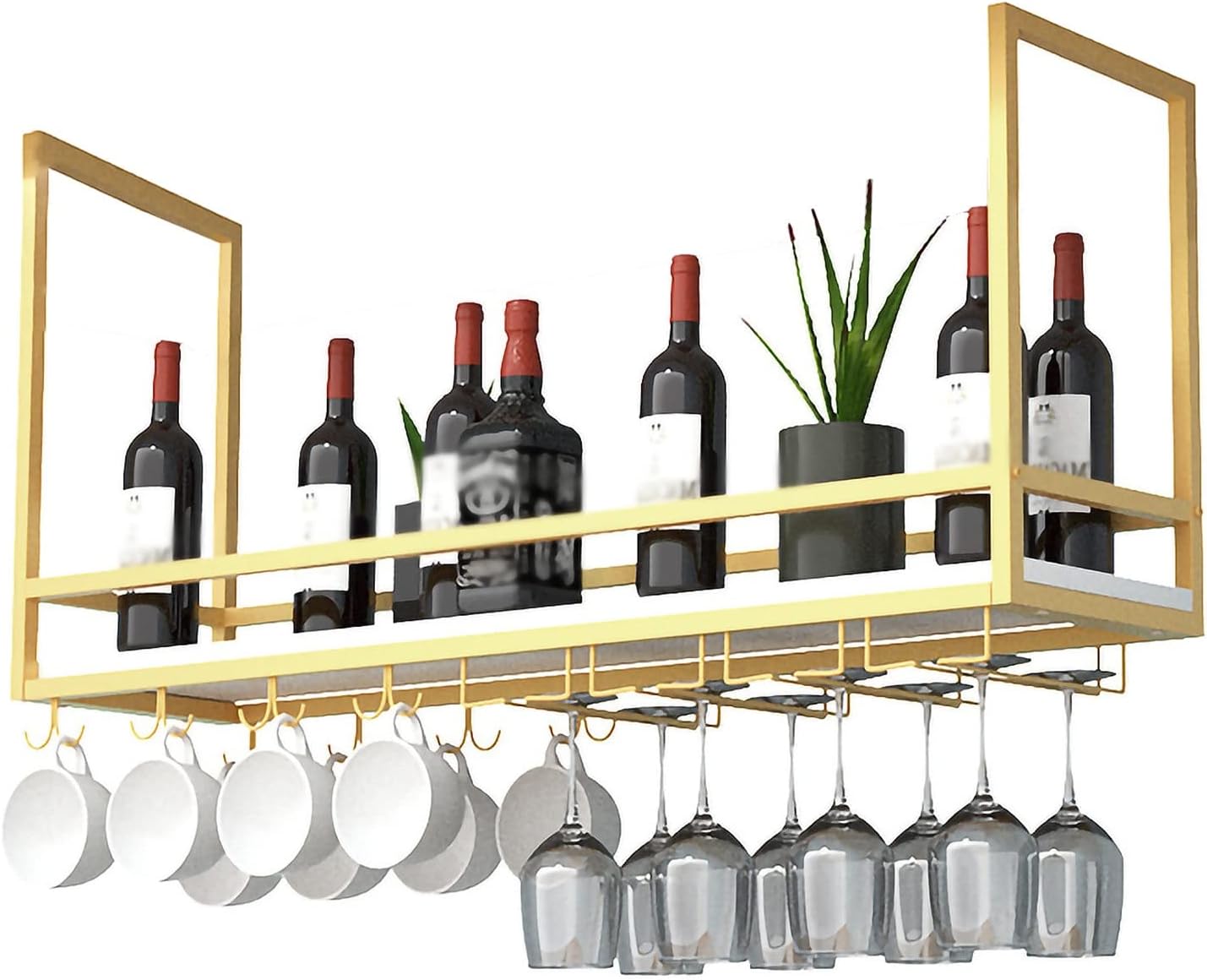 Hanging Wine Rack with Glass Holder and Shelf, Industrial Vintage Bar Floating Shelf with Guardrail, Ceiling Mounted Hanging Wine Bottle Holder,Gold-60x30x50cm
