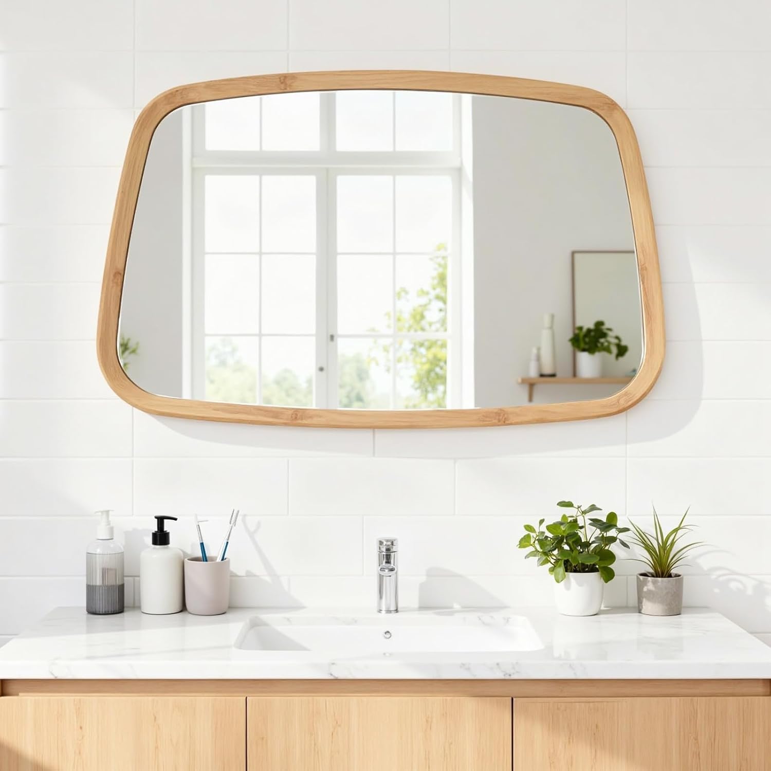 20"x31" Natural Wood Wall Mirror,Farmhouse Irregular Bathroom Mirror,Rustic Wooden Frame Vanity Mirror Horizontal/Vertical Hanging for Bedroom Living Room Entryway