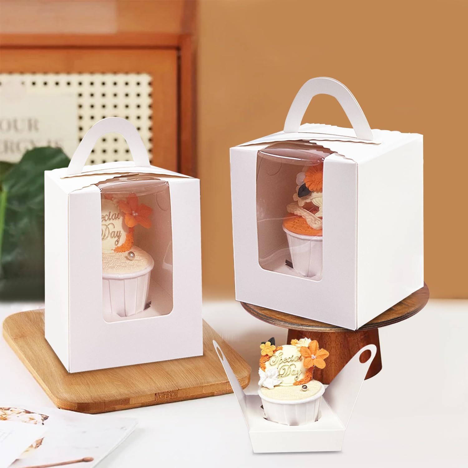 Bakepacker Auto-pop up Cupcake Boxes, White, 3.7 x 3.7 x 4.3 inch 25 Count