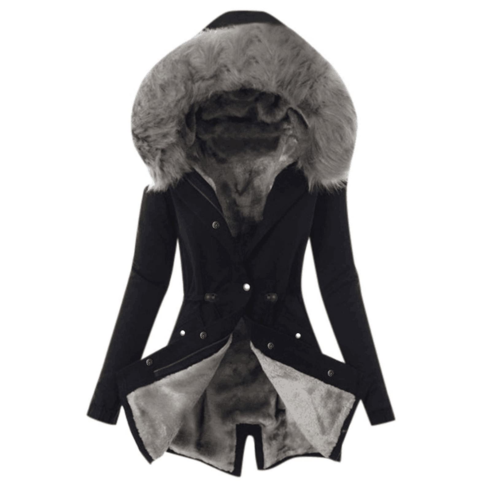 EMATOP Damen Wintermantel Lange Jacke mit Kapuze Teddyfell Fleecejacke Warme Outdoorjacke