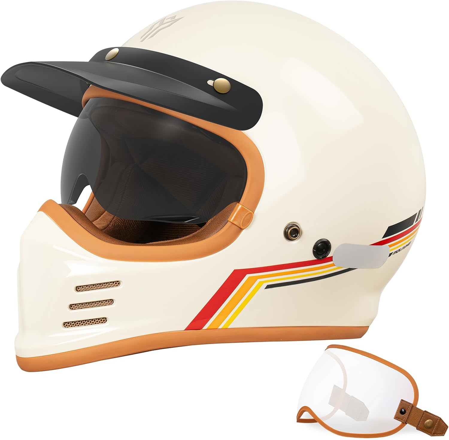 YEMA Retro Full Face Helmet for Adults - DOT Approved Moped Helmet with Built-in Retractable Sun Visor, Detachable Peak & Interchangeable Clear Shield, Comfort for Cruiser Scooter
