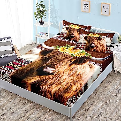 HOSIMA Highland Cow Decor Fitted Sheet with 2 Pillowcases,Animal Theme Western Bedding Sets,White Brown Cowhide Twin Bedding Sets for Adults Kids,Cow Floral Bed Sheets with Deep Pocket.
