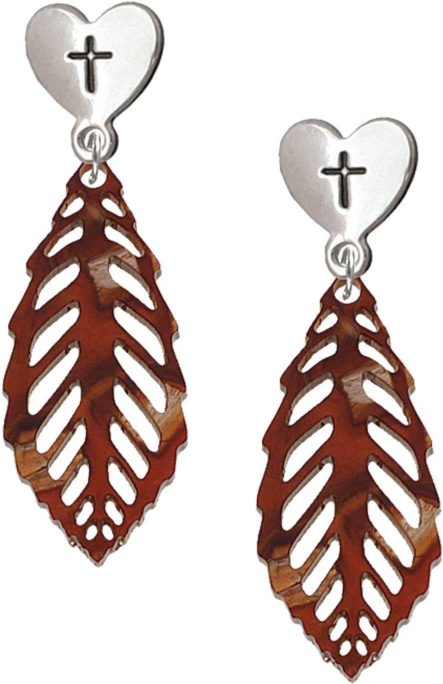 Delight Jewelry Acrylic Medium Leaf Silvertone Cross in Heart Post Dangle Earrings