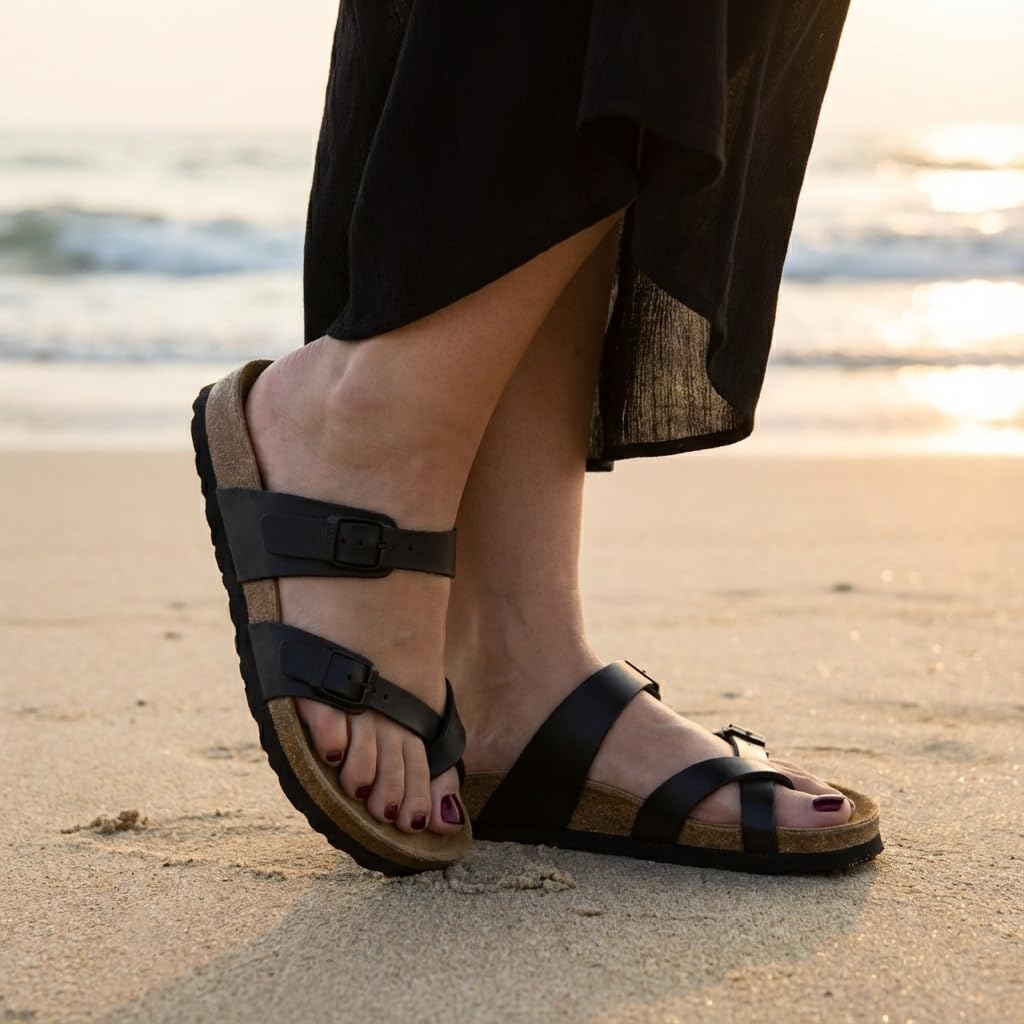 CUSHIONAIRE Luna Sandals for Women, Cork Footbed Womens Sandals for Summer Comfort with Adjustable Straps, Wide Width Available thumbnail