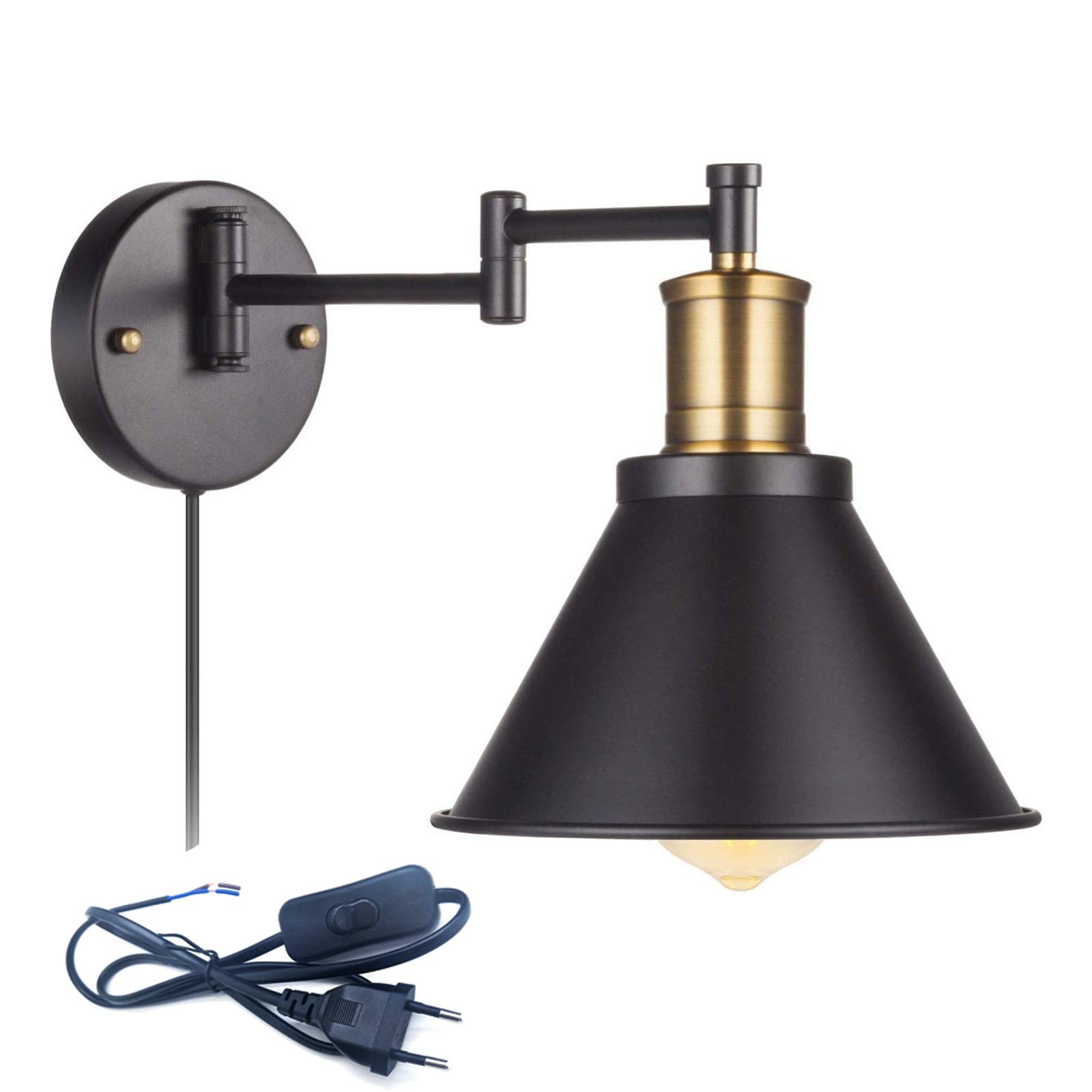 WXKAGF Lampada da Parete Industriale a Braccio Lungo E27 con Interruttore, Lampada da Parete per Camera da Letto Vintage Nera Regolabile con Cavo e Spina da 1,8 m, Illuminazione Rotante con Specchio