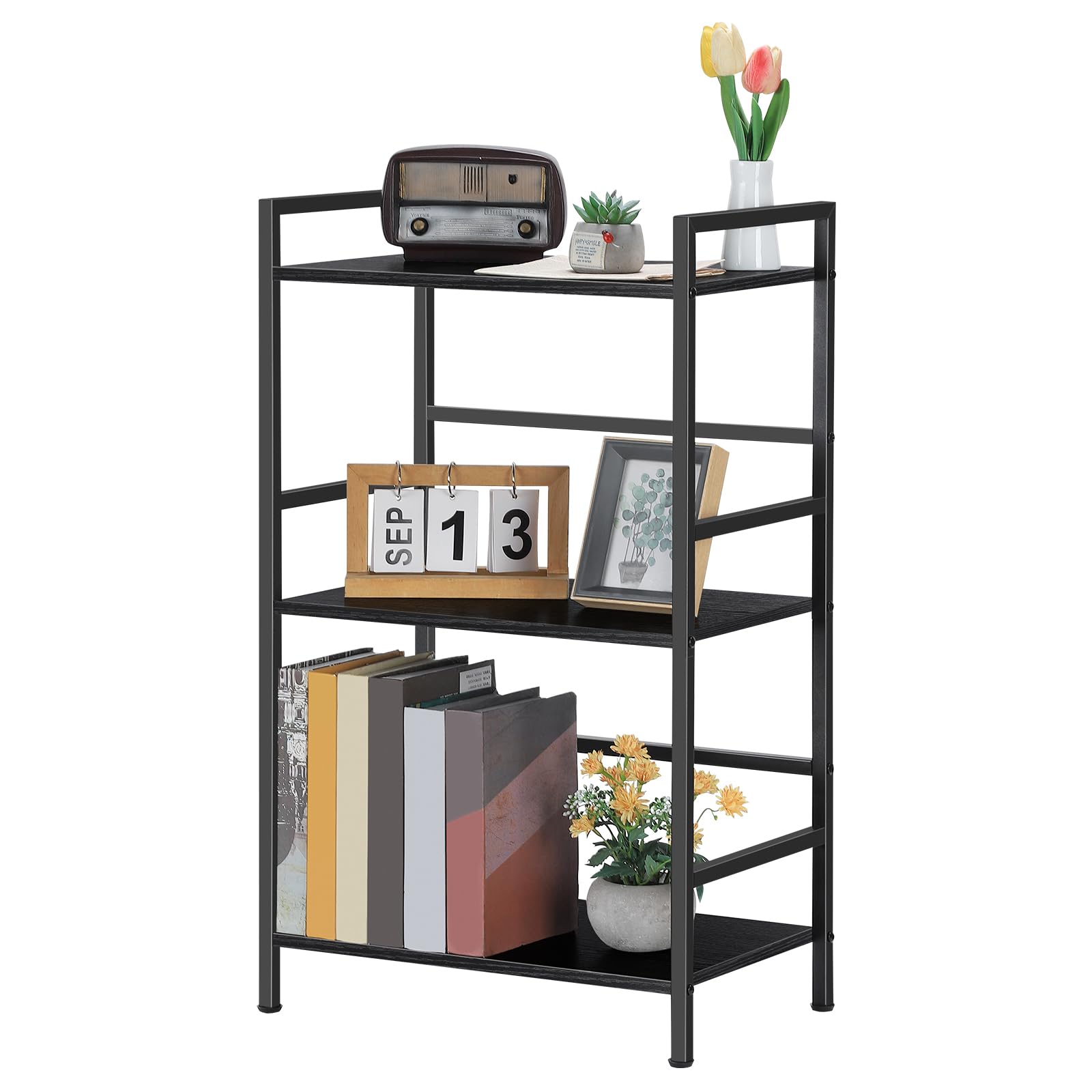 CADUKE 3-Tier Black Bookcase, Floor Standing Book Shelf, Display Storage Rack with Metal Frame, Modern Storage Shelf for Living Room, Bedroom, Office, 43 x 28 x 74 cm