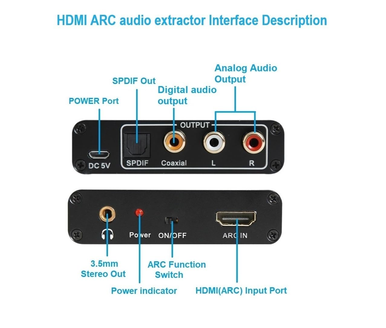 Extractor de audio de arco HDMI, ARC a RCA + óptico + 3,5 mm + convertidor coaxial/adaptador, adecuado para conectar TV HDMI ARC a sistemas de sonido, no compatible con CEC