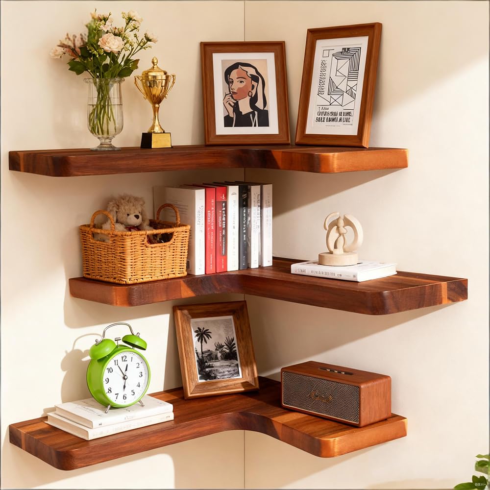 Photo 1 of Vainaive Floating Corner Shelves, Wall Shelf Set of 3, Shelves for Wall Storage, Solid Wood Shelves for Storage, Wall Mount Wooden Display Shelf for Bathroom Bedroom Kitchen Garage (Acacia, 3pcs)