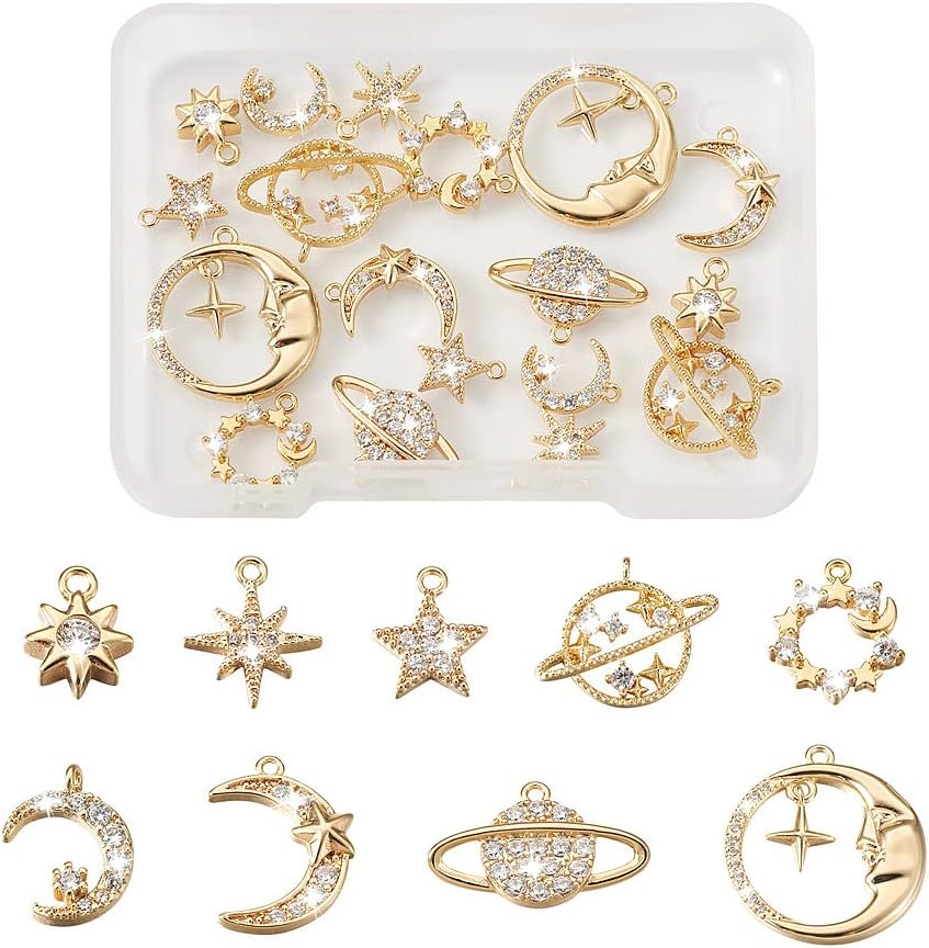 Cheriswelry 18Pcs 9 Styles Star Moon Planet Charms Real 18K Gold Plated Brass Cubic Zirconia Universe Space Pendants for DIY Necklace Bracelets Earrings Jewelry Making