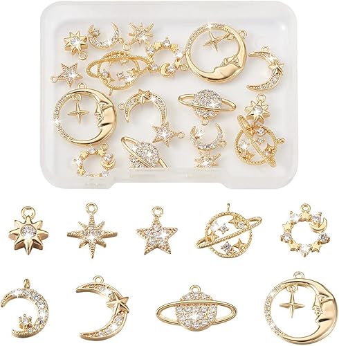 Cheriswelry 12 colgantes de latón con micro pavé de circonita cúbica, pequeños y brillantes, paloma de cisne, leopardo, pájaro, luna, colgantes con