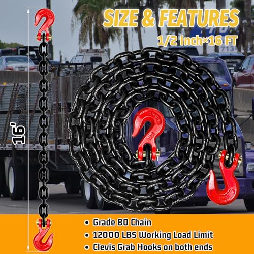 Image of 1 /2 inch Tow Chain,16FT Safety Binder Chains with Clevis Grab Hooks,12,000 Lbs Safe Working Load Heavy Duty Chain for Transporting,Towing,Logging Tie Down Binding