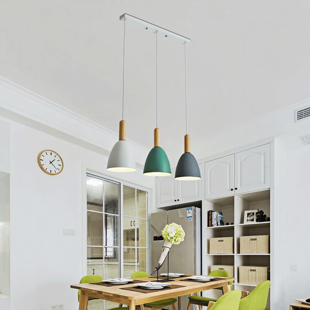 Genérico Lámpara Industrial Nórdica De 3 Luces Macaron Techo Madera Y Metal Para Cocina Isla Comedor Pasillo(White)