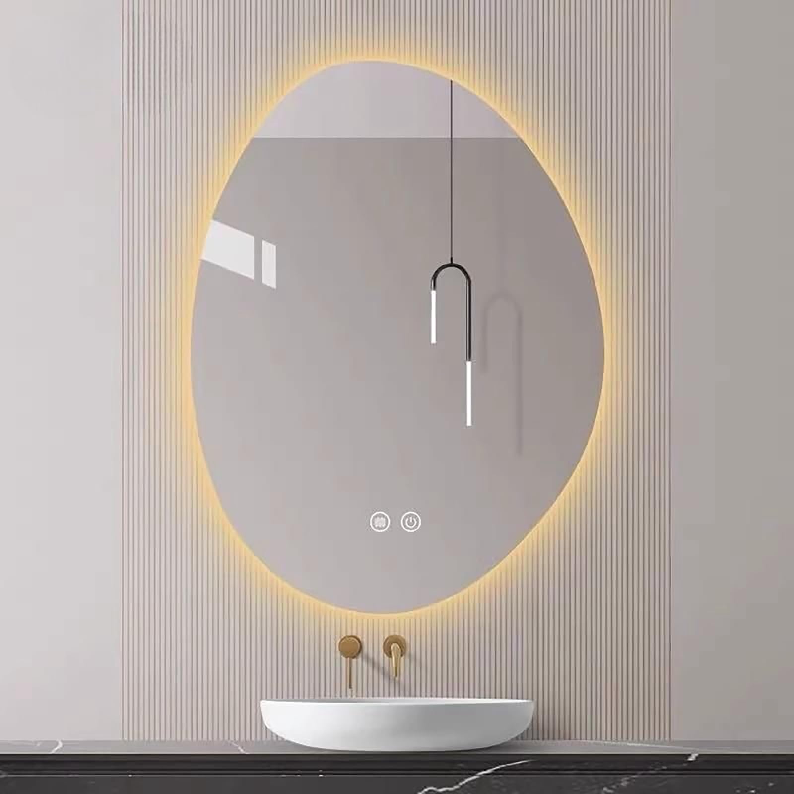 FGXHHS Frameless LED with Demister, 60x80cm Irregular Teardrop Vanity Mirror, 3 Colour Dimmable Lighting, Touch Control, IP44, Modern Wall Mounted for & Makeup