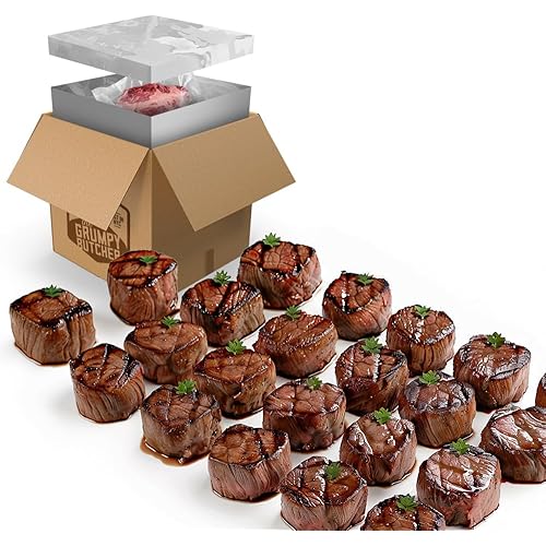Grumpy Butcher Large Filet Mignon Steaks (8 oz each, 24 Pack) - Steakhouse Size Beef Tenderloin Filet Steak Meat - For Delivery in Grumpy Butcher Meat Gift Packages Specials Option