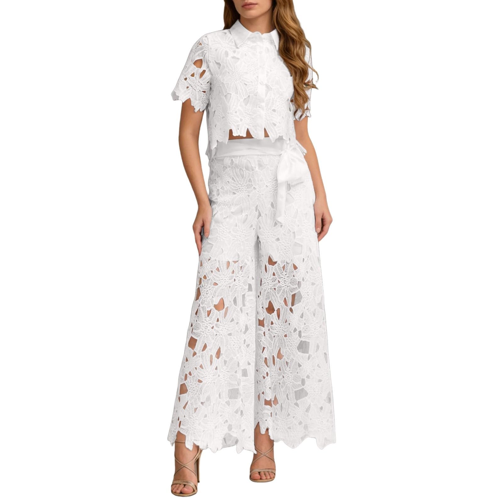Générique Ensemble Femme Chic et Elegant 2 Pieces Chic et Elegant Été Deux Pièces Survetement Manches Courtes Pizzo Haut et Pantalon Ensemble Ampio Outfit Set Léger Décontracté De Plage