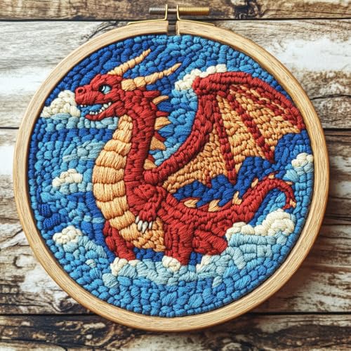 Image of DIY Punch Needle Kits Cartoon Red Dragon with Hoop 20x20cm-4 | with Pattern Stamped Easy for Beginners Embroidery Punch Needle Starter Craft Set for Adults Festival Gift and Decoration