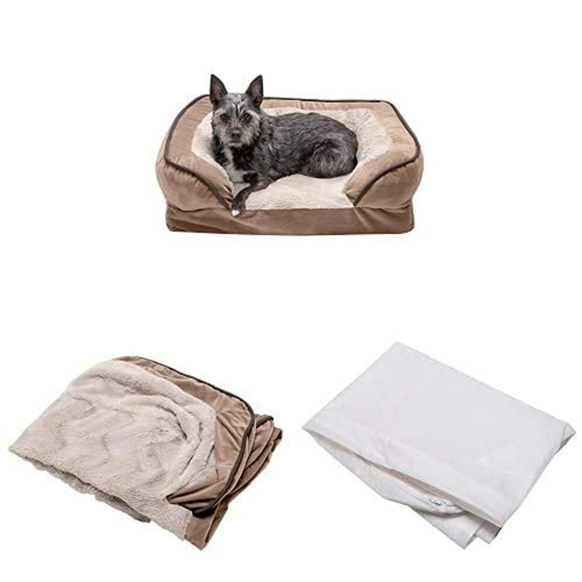 Furhaven Pet Bundle - Small Brownstone Orthopedic Plush & Velvet Waves Perfect Comfort Sofa, Extra Dog Bed Cover, & Water-Resistant Mattress Liner for Dogs & Cats