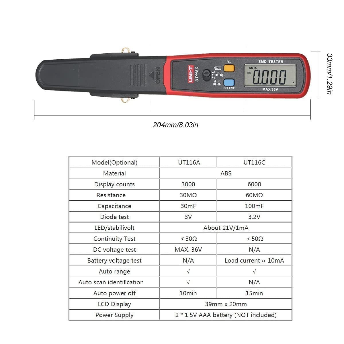 UNI-T UT116A SMD Tester Meter Multimeter Rotable Tweezer Resistance Capacitance LED Diode Continuity Battery Tester