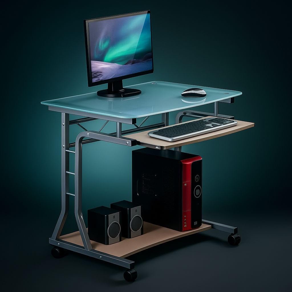 Equipo original de escritorio para PC compacto de metal y vidrio con ruedas
