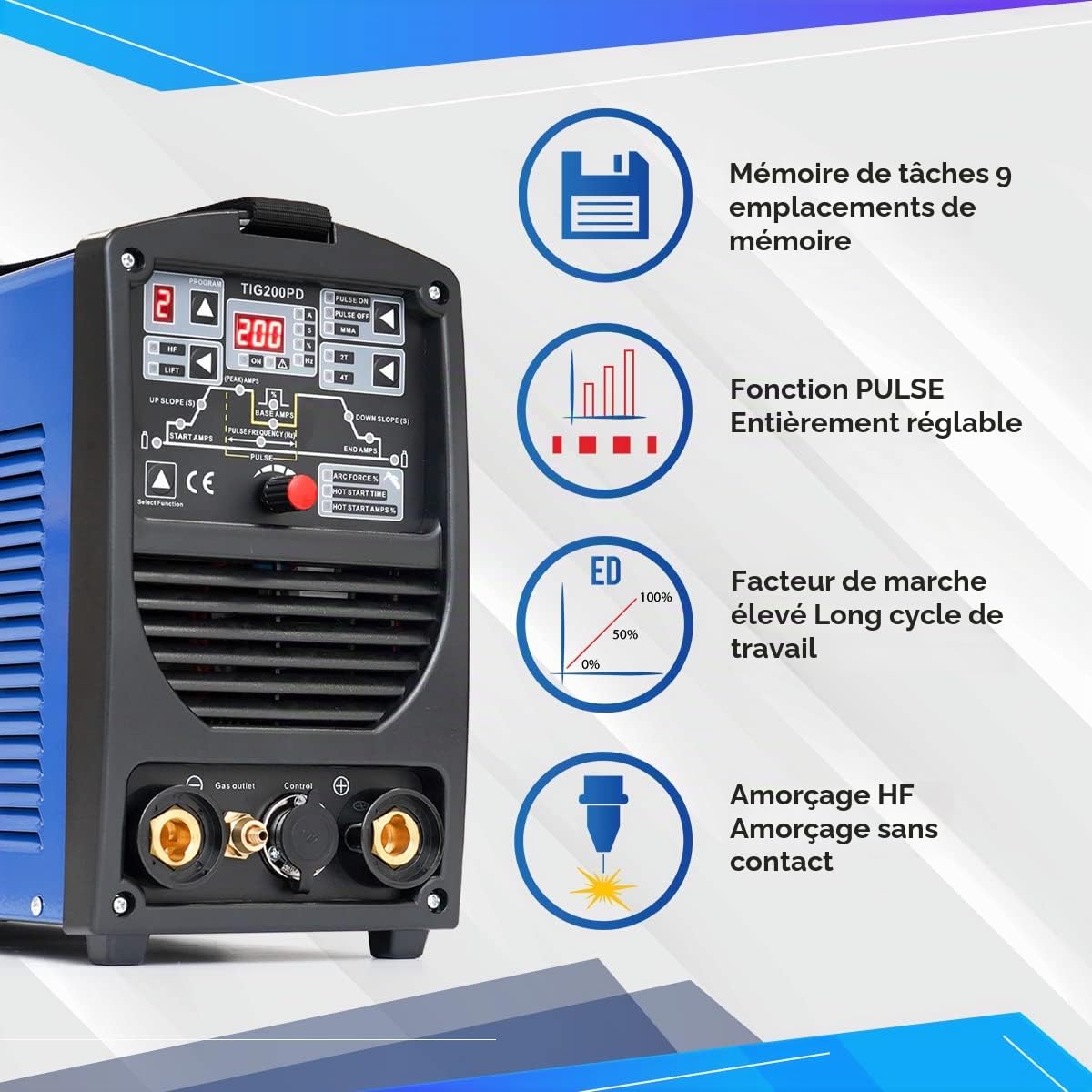 IPOTOOLS TIG-200PD poste a souder TIG - Poste à souder TIG avec 200A 230V IGBT, 3 en 1 Poste TIG, MMA électrodes, Poste de Soudage Portable, garantie de 7 ans