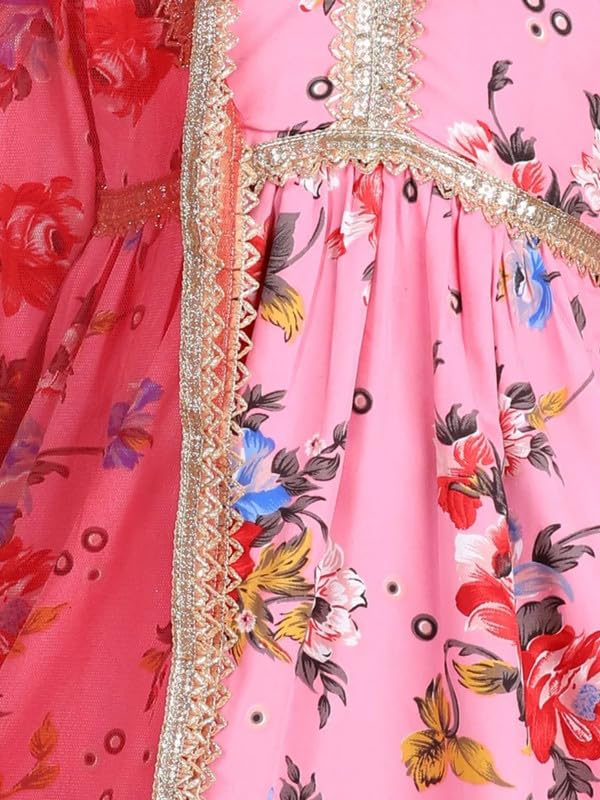 Image of Amazon Brand - Anarva Pink Floral Girls Ethnic Kurta Set with Dupatta, Lehenga Choli Wear Traditional Outfit, Festive Dress for Kids