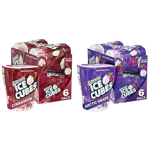 Ice Breakers Ice Cubes - Goma de mascar sin azúcar con xilitol, canela, 40 unidades, paquete de 6 y cubos de hielo sin azúcar con xilitol, uva