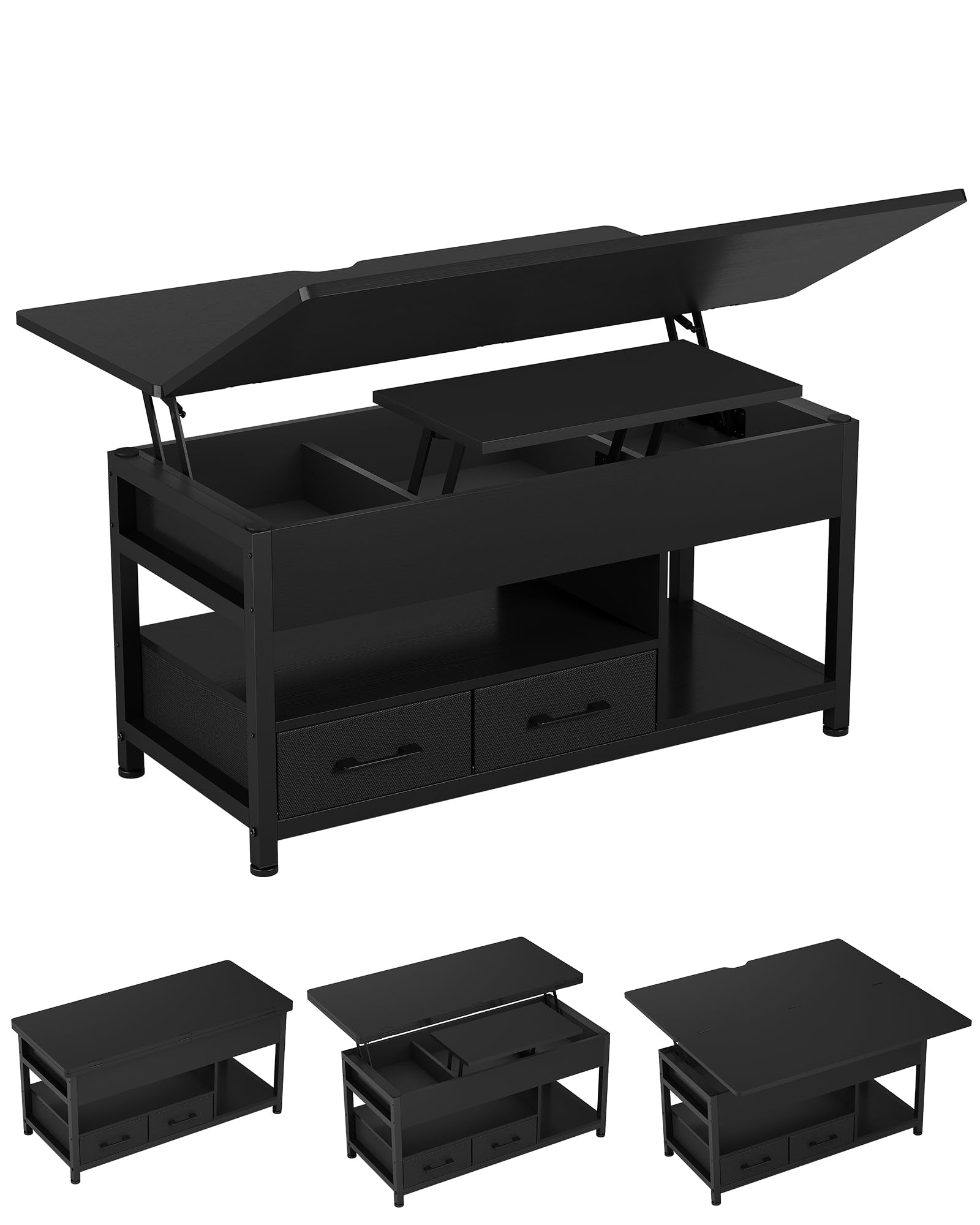 Couchtisch Höhenverstellbar, 3-in-1-Multifunktions-Wohnzimmertisch, Couchtisch mit 2 Schublade, Kaffeetisch, Versteckter Aufbewahrung, Offenes Fach, Als Esstisch nutzbar, für Wohnzimmer, Büro