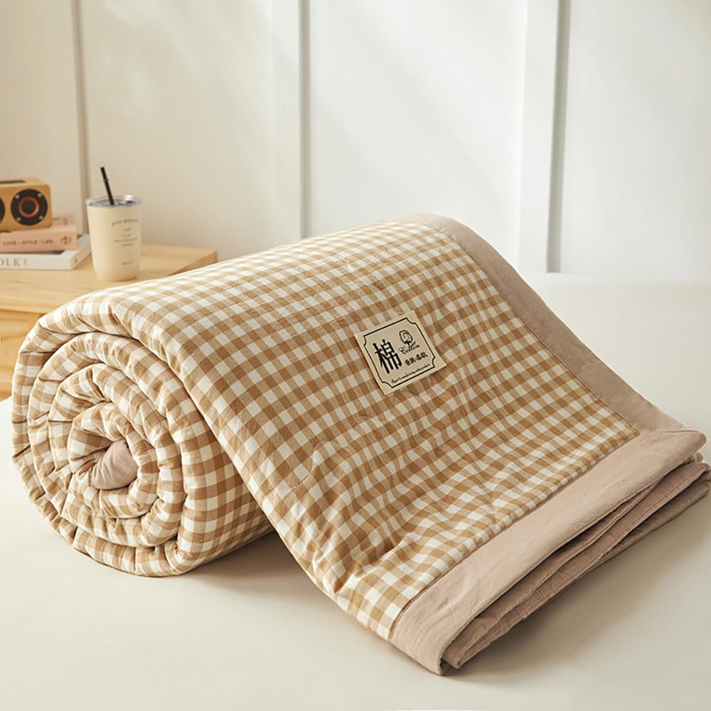 DOTBUY-SHOP Quilted Bedspreads, Check Quilt Bed Throws Cotton Filling Duvet Super King Single Double Size Children's Bed Quilted Throw for All Season (Khaki,150x200cm)