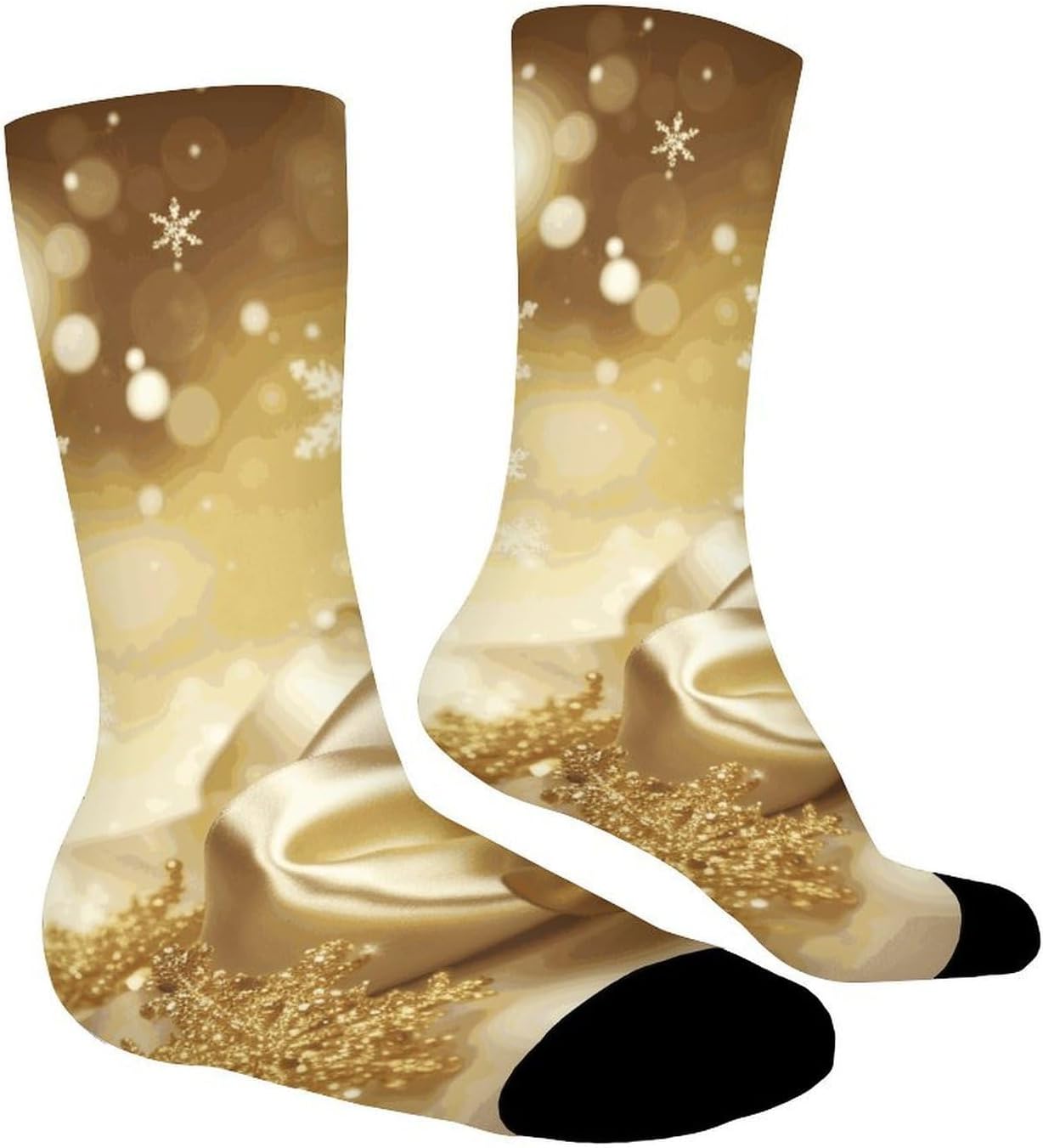 Moisture Wicking Socks, Breathable, Lightweight Crew Sock, Casual | Gold Silk Christmas Work Socks for Women Men, Elastic Soft Boot Socks for Travel, Seamless