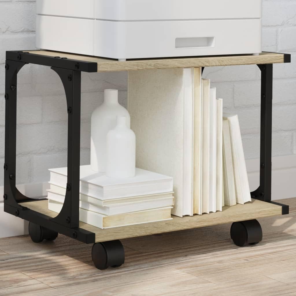 Druckerständer Sonoma-Eiche mit 2 Ablagen und 4 Rollen, 41x28x33,5 cm, fahrbarer Büro Organizer mit Stauraum und Ablage, mobiler Druckerwagen für Homeoffice und Arbeitszimmer