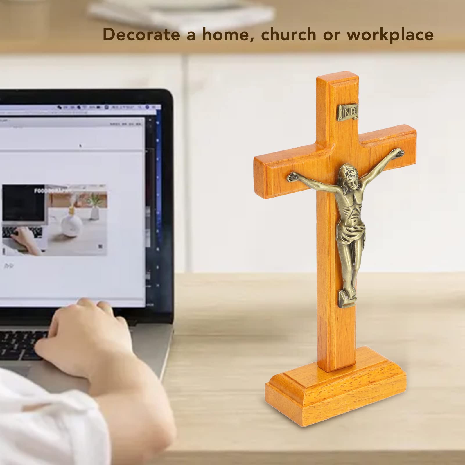 Crucifix, Decoration Wooden Gifts Catholic Crucifix Religious Prayer for Home for Church for Desk, Brown, Metallic - Image 4
