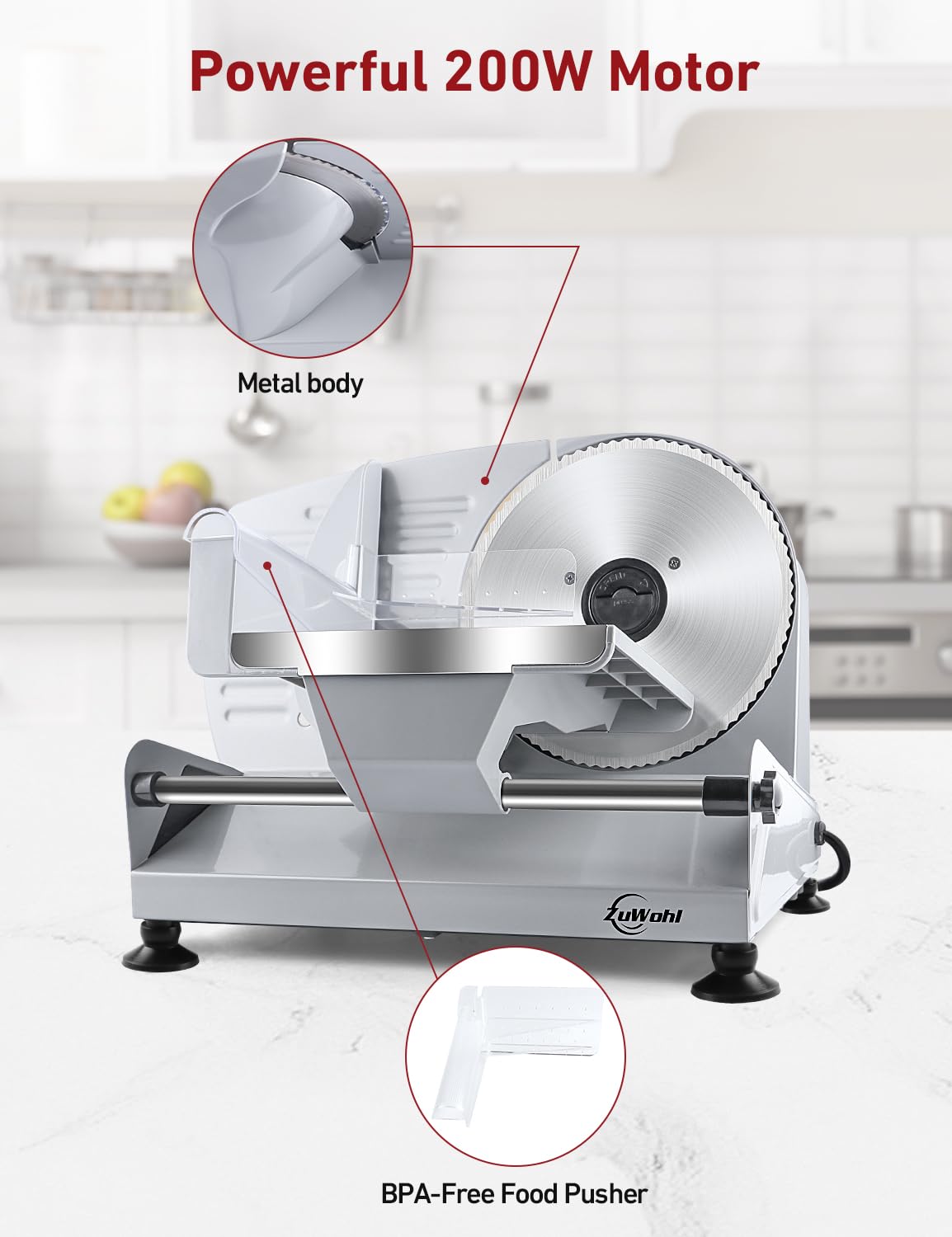 200Watt Elektrischer Allesschneider Edelstahl - Verstellbare Küchenmaschine 0 bis 15mm - 2 Klingen - Wurstschneidemaschine - Brotschneidemaschine, Schinkenschneider (200Watt+Silber+2Klingen)