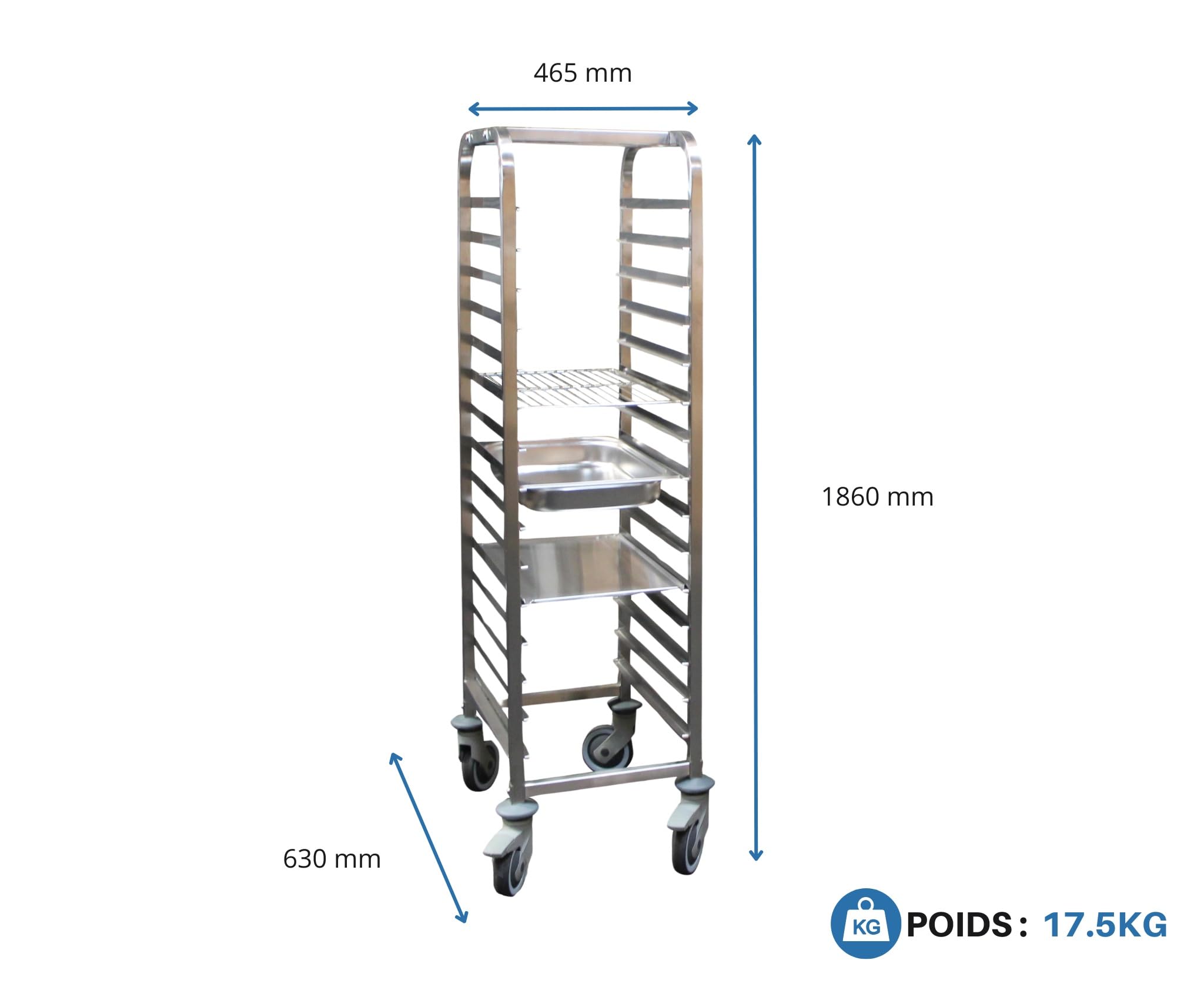 L2G - Chariot de Transport à Plateaux en INOX - Adapté aux Grilles et au Bacs Gastros - Glissières Anti-Chute avec Butée 2 Côtés - 600x400-15 Niveaux