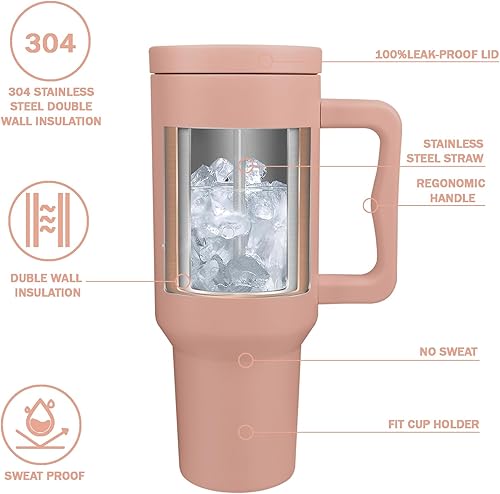 Miniatura 3 de Vaso de 40 onzas con asa y tapa con pajilla, vaso aislado reutilizable, botella de agua de acero inoxidable, taza de viaje, apto para tazas, regalos