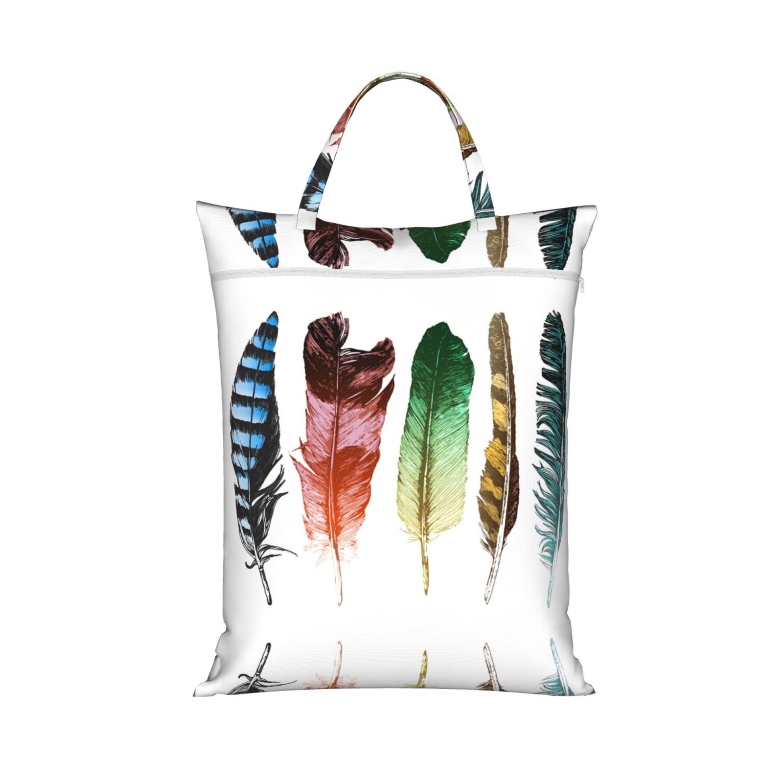Colorful Hand Drawn Feathers On White Print Dirty Laundry Travel Bags 1/2 Pack Waterproof Wet Dry Bag Swimming Wet Clothes Bag With Handle Reusable Hanging Zipper