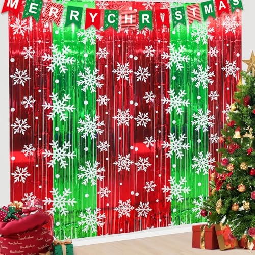 Cortinas de flecos de papel navideñas de 3.3 x 6.6 pies en rojo y verde metálico
